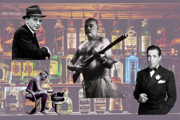 Hemingway, Bogart, Faulkner, Sinatra photos against a faded wall of booze