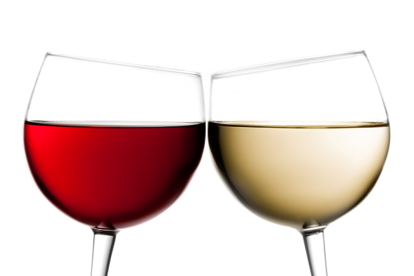 A red and white wine glass clinking on a white background