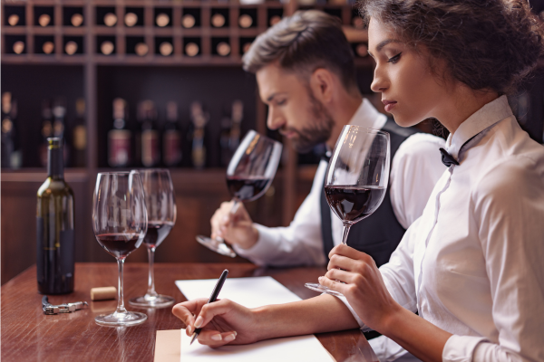 a male and female server sitting on a cellar studying and writing notes on wine