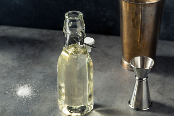 A single bottle of clear syrup on a grey background; a shaker and jigger beside it
