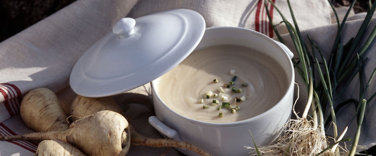 A white bowl filled with parsnip puree, whole parsnips on the side