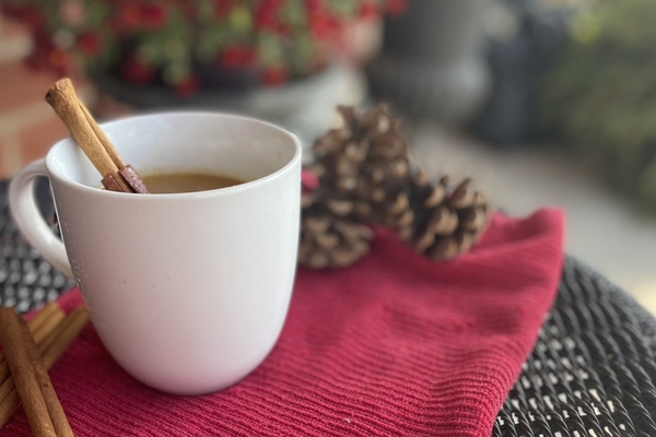 mug of hot buttered bourbon apple cider outside with pinecones and red mum plant in the background