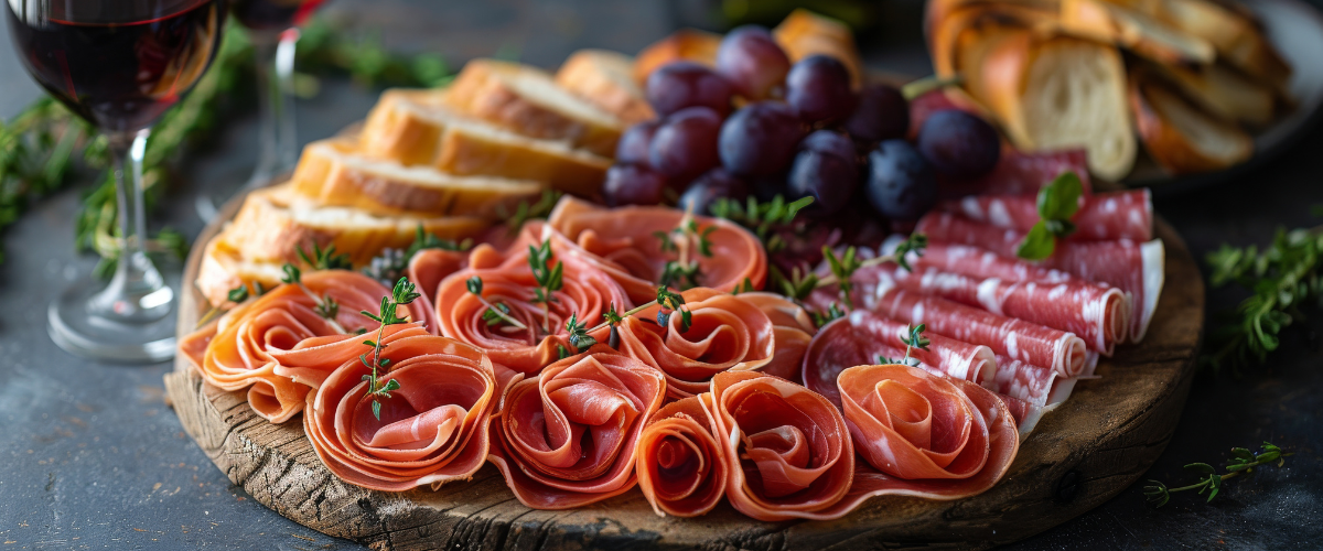 A wood board of salami with red wine in the background