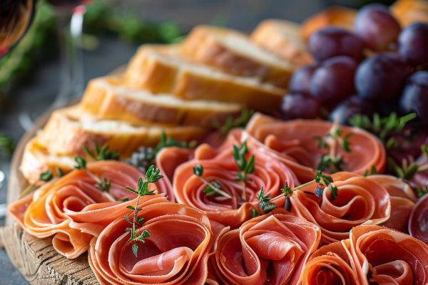 A wood board of salami with red wine in the background