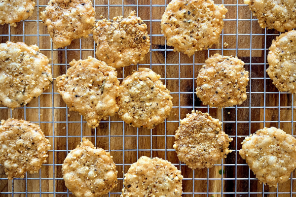 parmesan crisps on a baking rack