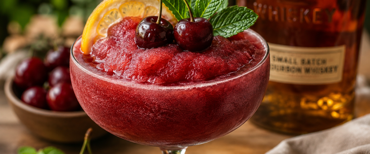 A deep red cherry bourbon slushie in a cocktail coup