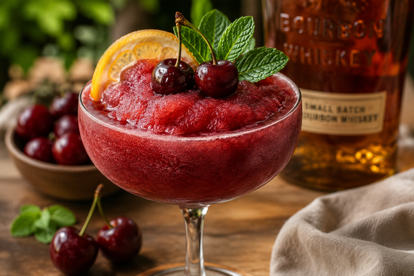 A deep red cherry bourbon slushie in a cocktail coup