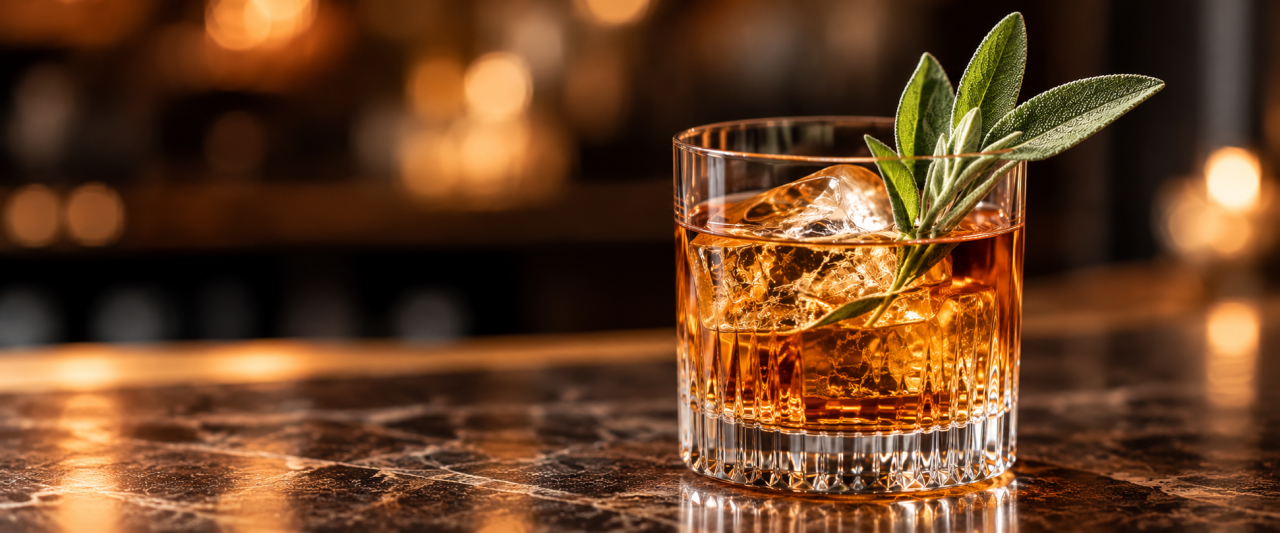 A tumbler of Autumn Ready cocktail with a sage sprig garnish