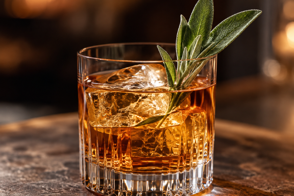 A tumbler of Autumn Ready cocktail with a sage sprig garnish