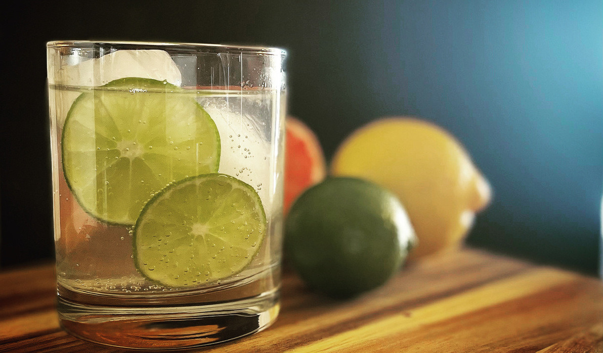 Clear cocktail in a rock glass filled with ice and two rounds of lime floating. The glass is set against a black background and mixed citrus fruit lie behind it.