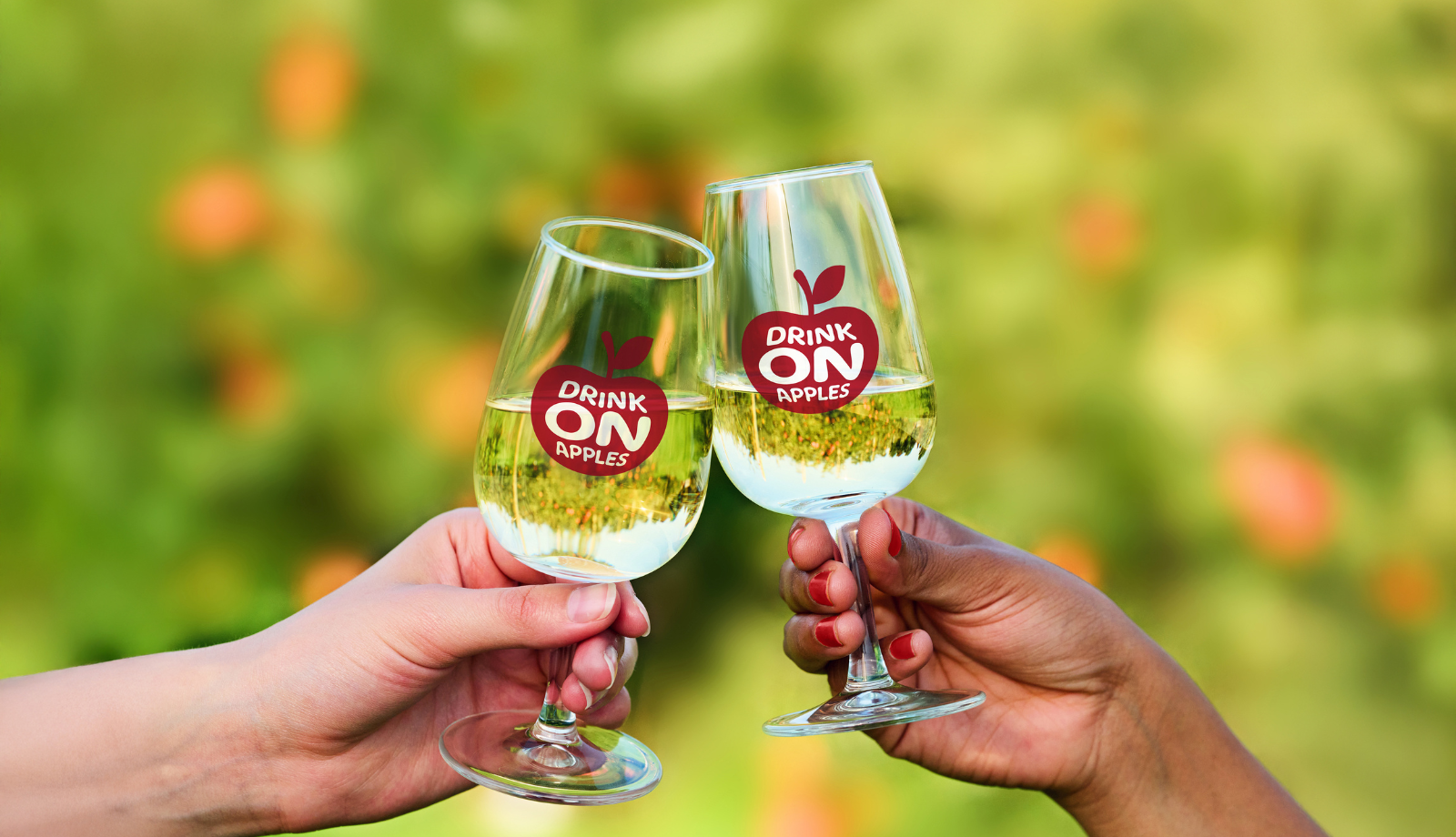Two glasses of apple cider clinking together in an orchard