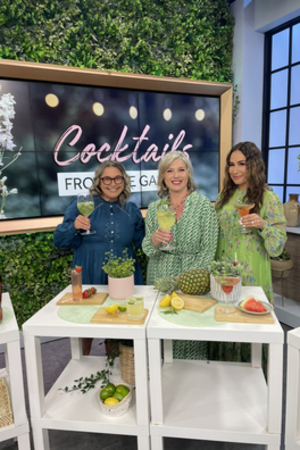 Erin and the hosts of The Social holding cocktail glasses and smiling on set